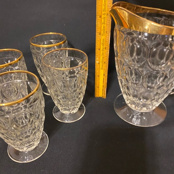 Jeannette Goldtrim Thumbprint Pitcher and glasses - Picture 3 of 6